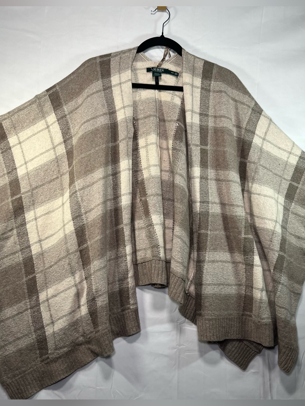 Lauren Ralph Lauren Plaid Wool Cashmere Blend Poncho Cardigan Taupe SM